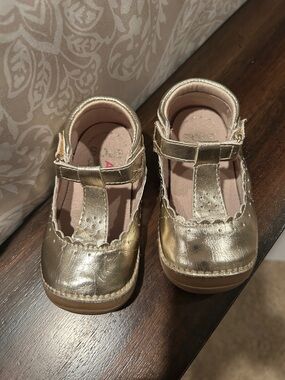Girls Metallic Gold T-Strap Dress Shoes with Hook-and-Loop Closure
